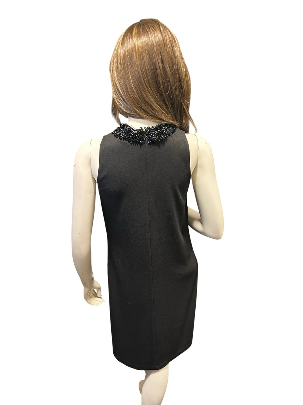 Maggy London Black Scuba Knit Shift Dress Beaded Neckline LBD Size 6 Timeless - Picture 7 of 9